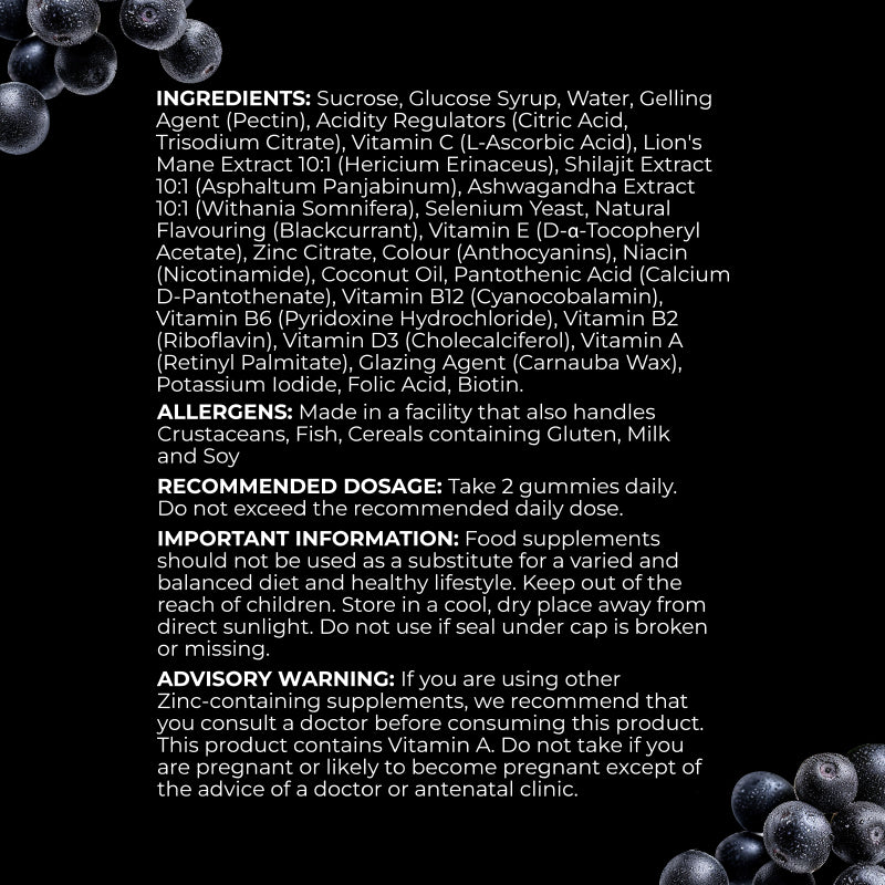 Men's Multivitamin Gummies – multivitamine pentru bărbați cu vitaminele A, C, D, complexul B și zinc, aromă de coacăze negre