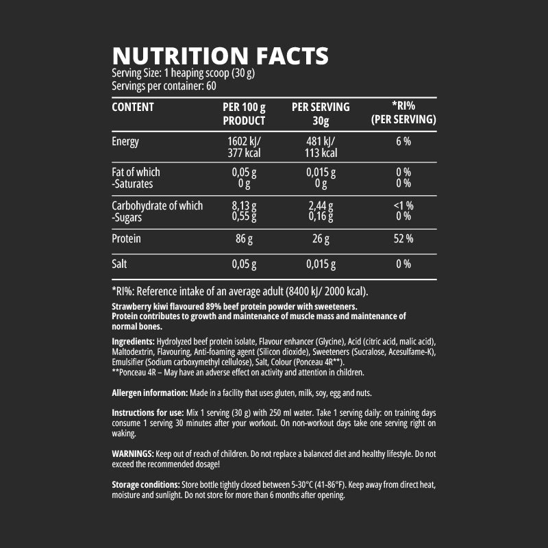 Beef Protein Isolate – proteină hidrolizată din carne de vită, fără lactoză (26 g de proteine per porție)