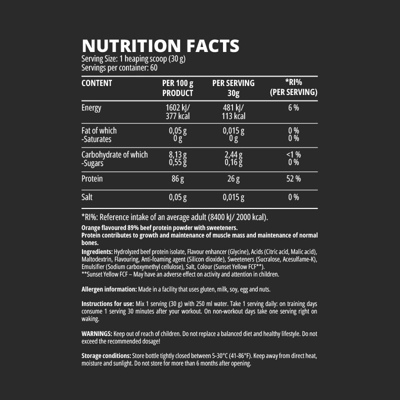 Beef Protein Isolate – proteină hidrolizată din carne de vită, fără lactoză (26 g de proteine per porție)