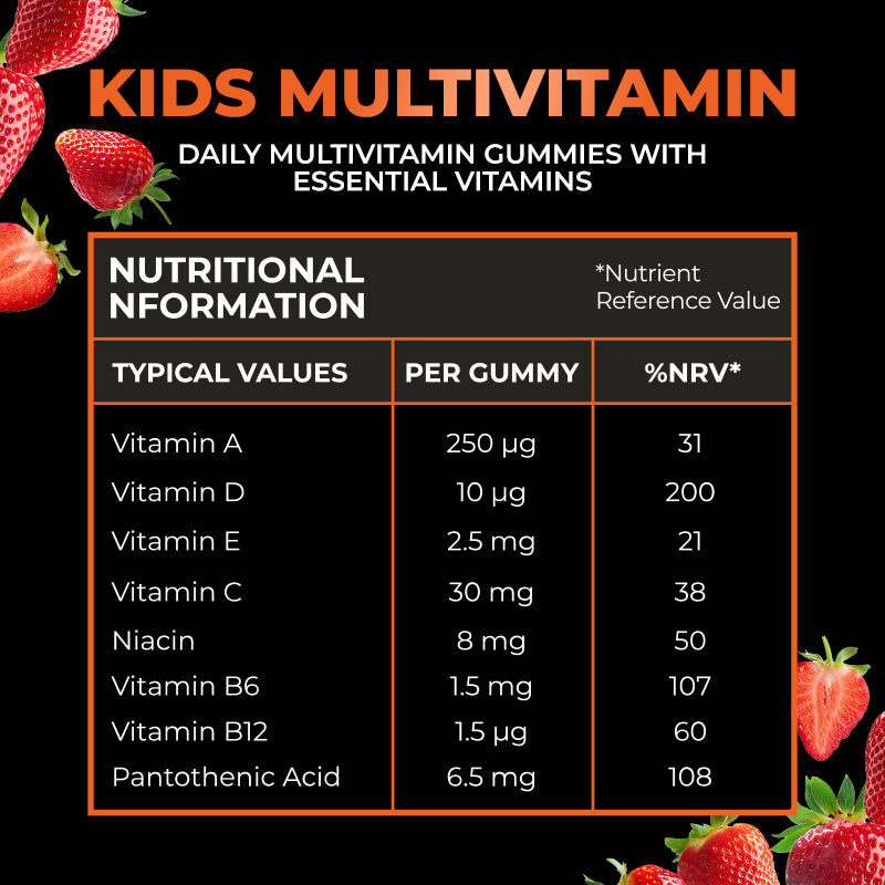Kids Multivitamin Gummies – multivitamine pentru copii cu vitaminele A, C, D și complexul B, aromă de căpșuni