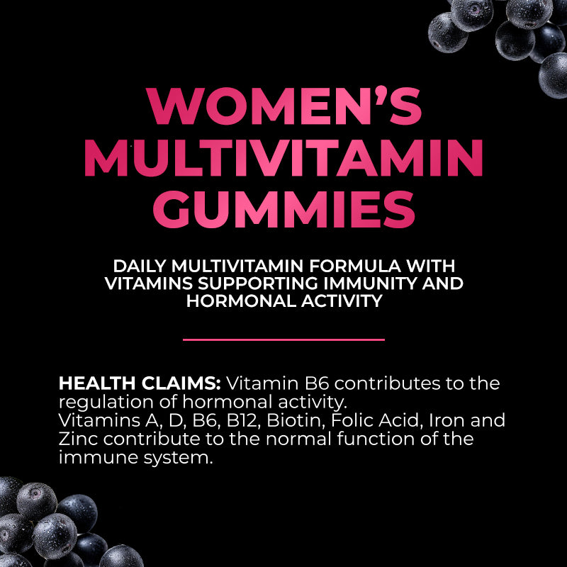 Women's Multivitamin Gummies – multivitamine pentru femei cu vitaminele A, C, D, E, complexul B, zinc și biotină, aromă de coacăze negre