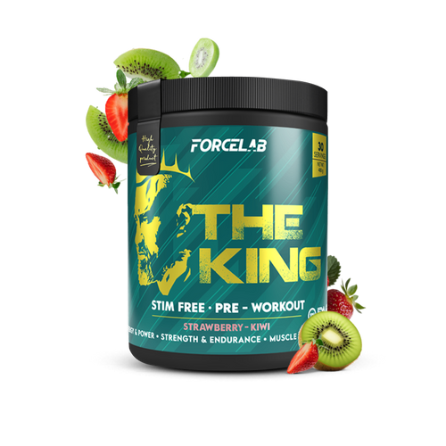 The King No Stim – pre-antrenament fără cofeină și fără stimulente, 480 g – căpșună-kiwi / 480 g